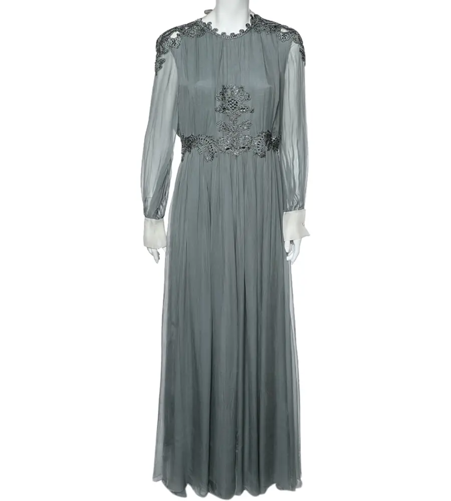 Valentino Grey Crepe de Chine Silk Embellished Maxi Dress L