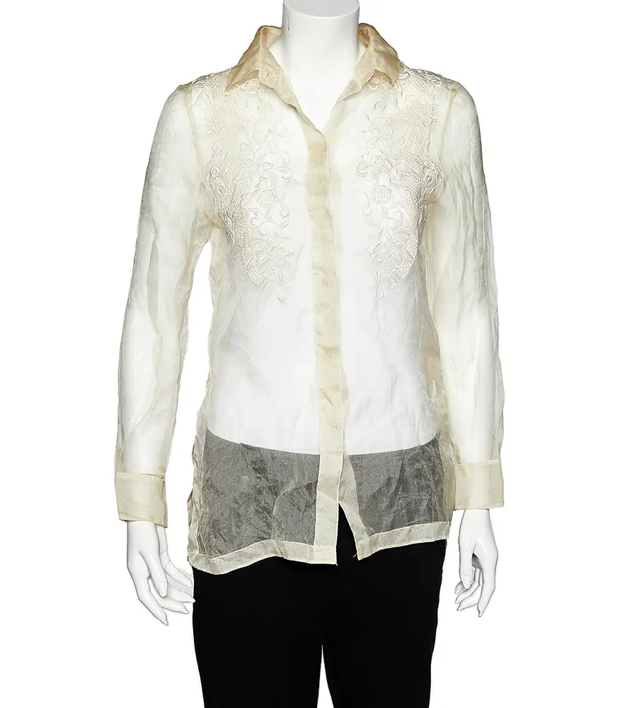 Valentino Cream Embroidered Silk Sheer Shirt M