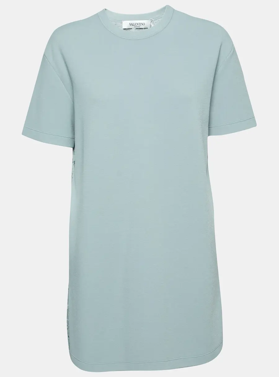 Valentino Powder Blue Knit & Lace Paneled Short Sleeve Dress M
