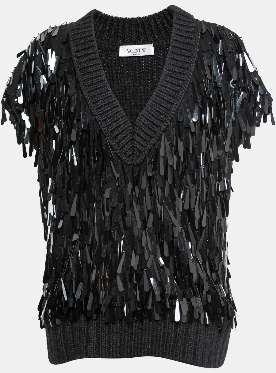 Valentino Black Sequin Embellished Wool Sweater Vest S