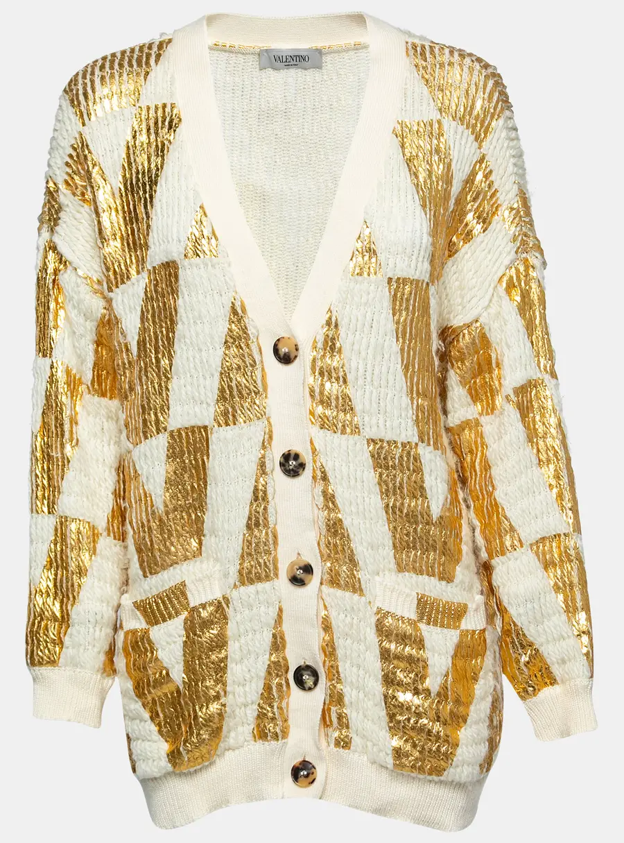 Valentino White & Gold Coated Wool Knit Oversized Cardigan XS