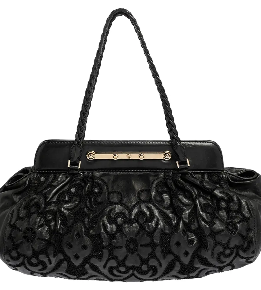 Valentino Black Leather Floral Embroidered Frame Satchel