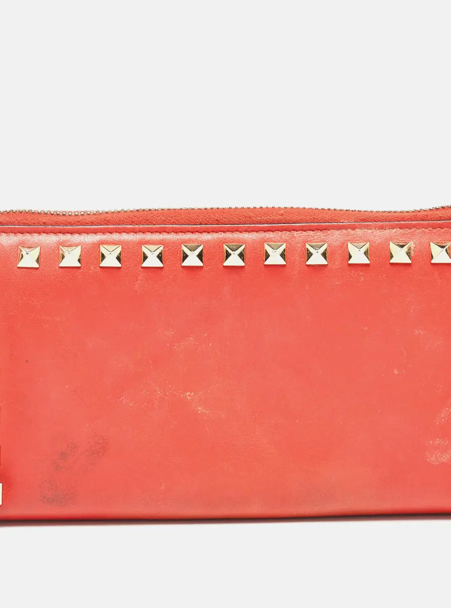 Valentino Red Leather Rockstud Zip Around Continental Wallet