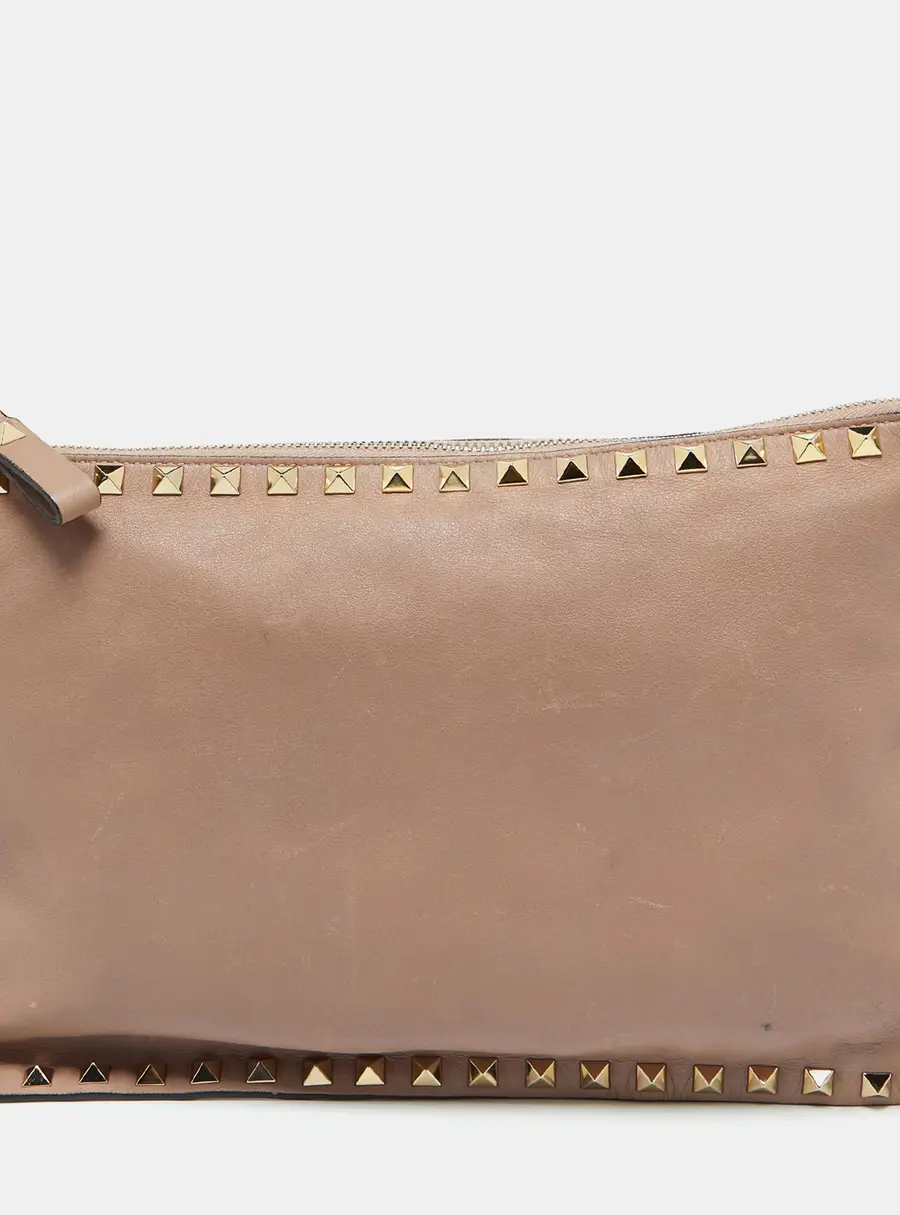 Valentino Beige Leather Rockstud Zip Pouch Clutch