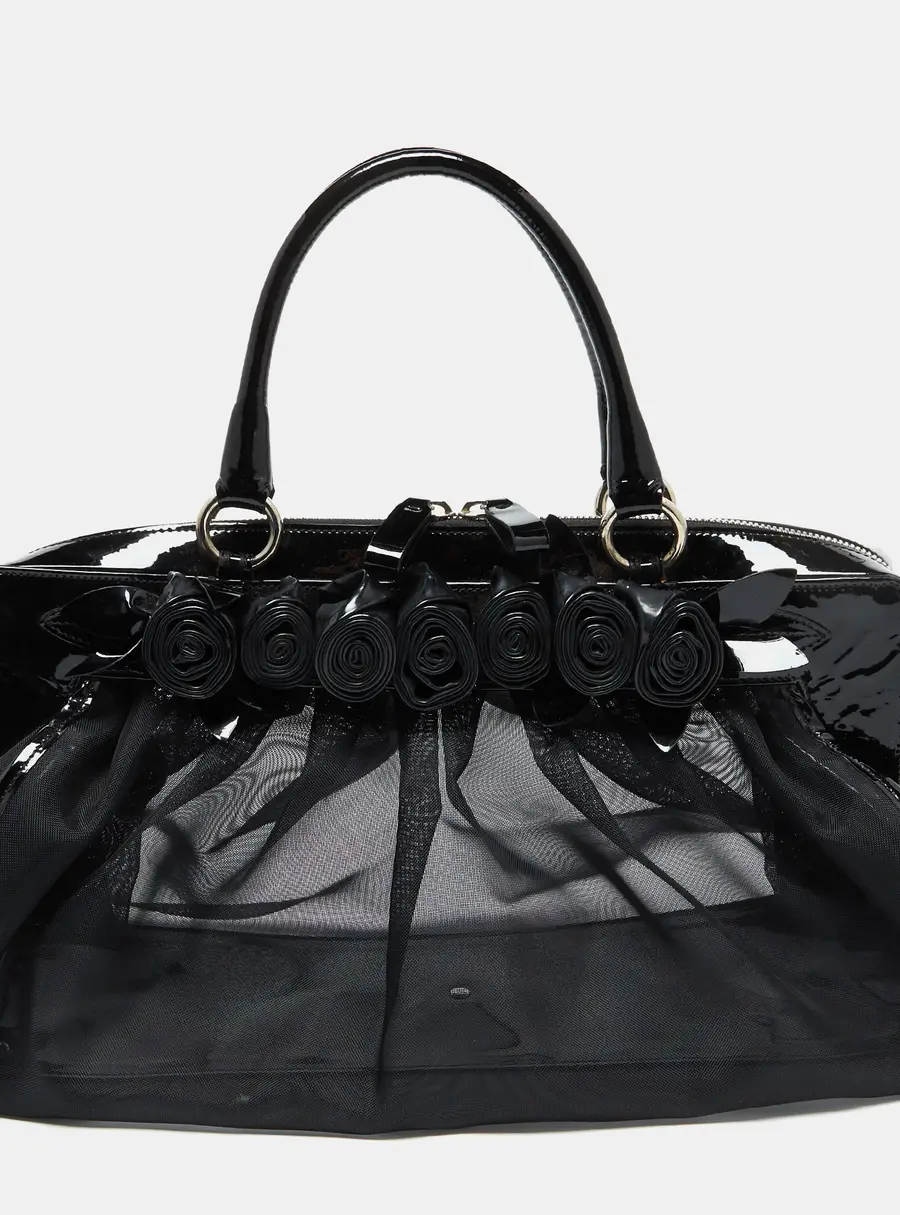 Valentino Black Mesh and Patent Leather Petale Rose Dome Satchel