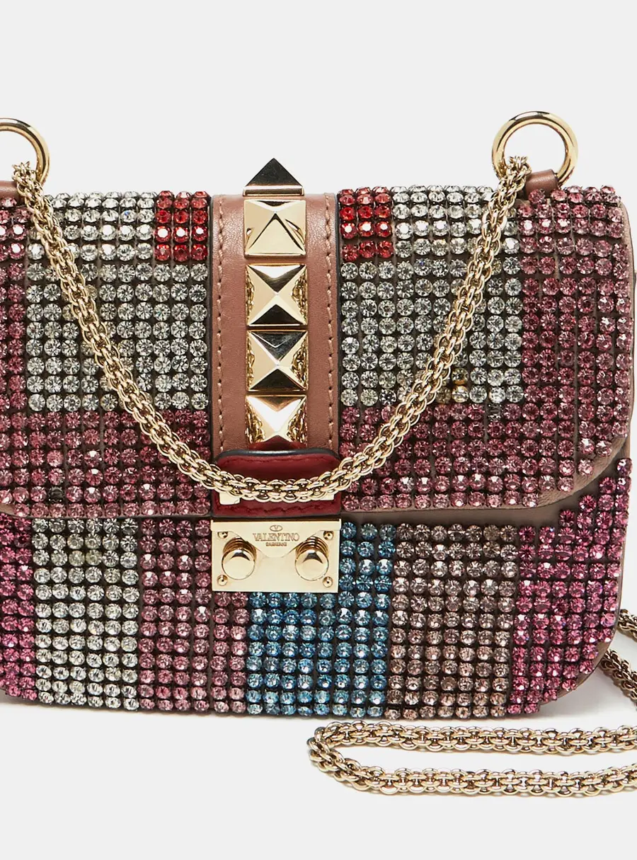 Valentino Multicolor Leather Crystal Embellished Small Glam Lock Shoulder Bag