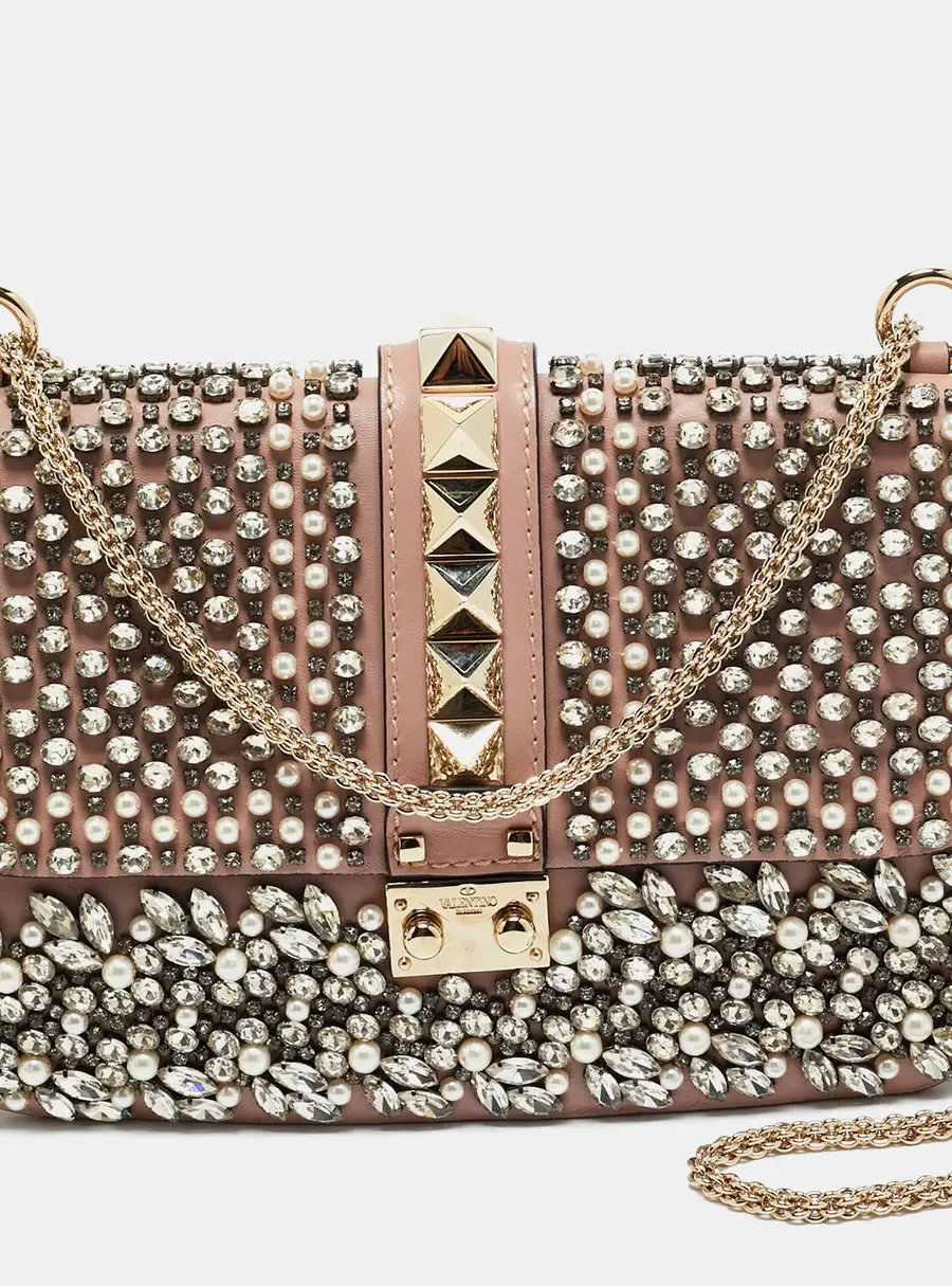 Valentino Light Pink Leather Medium Rockstud Glam Crystals Embellished Lock Flap Bag