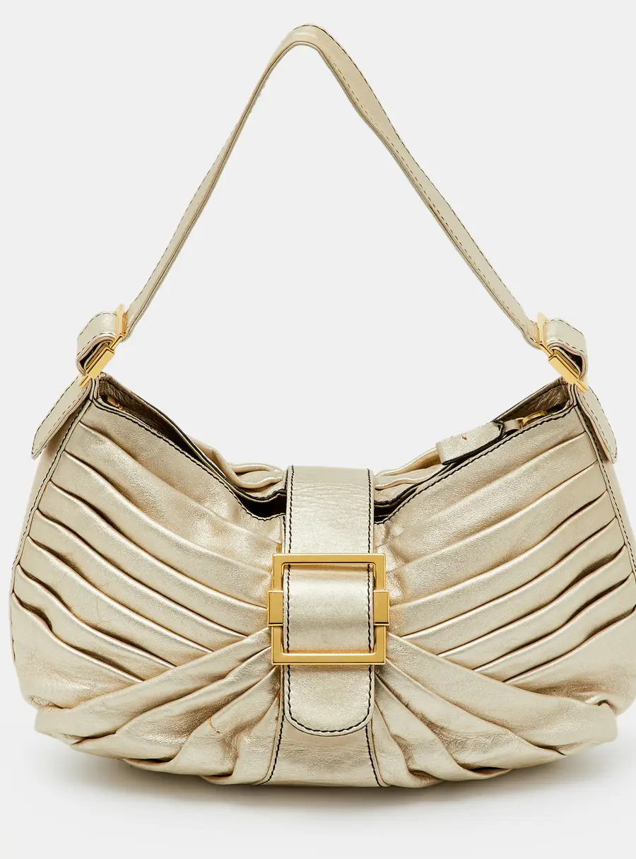 Valentino Garavani Metallic Gold Leather Pleated Shoulder Bag