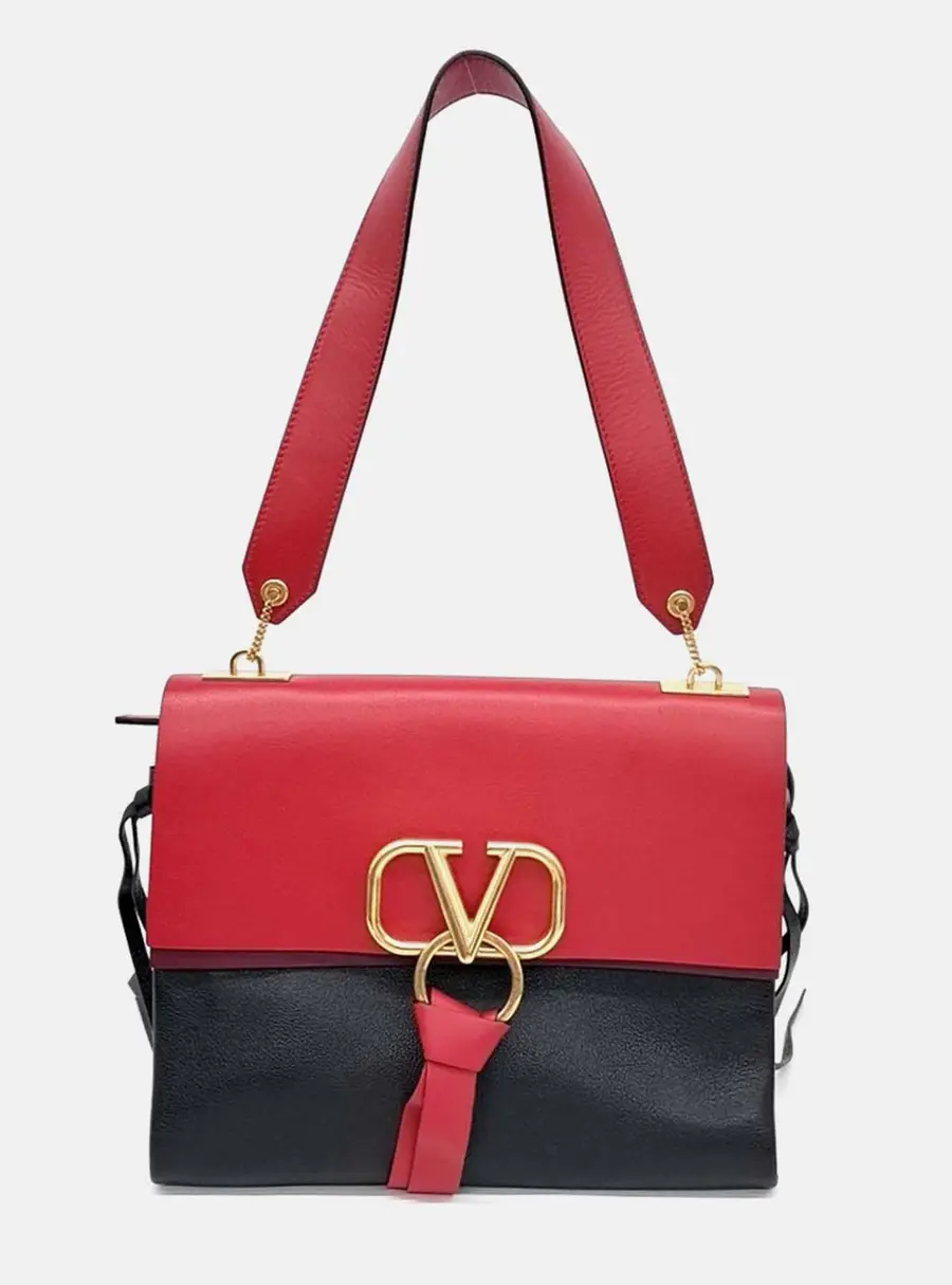 Valentino Black/Red Leather V-Ring Shoulder Bag