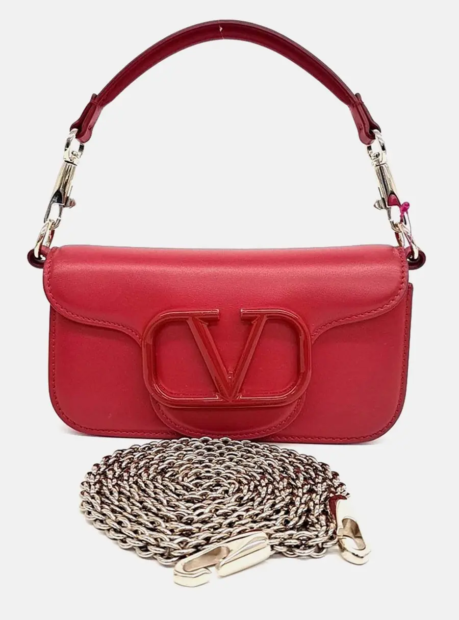 Valentino Red Leather V-Logo Rocco Shoulder Bag Small
