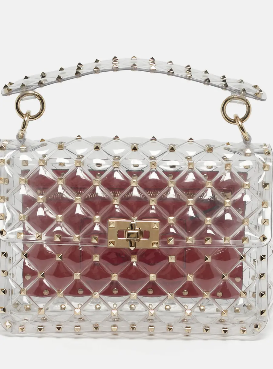 Valentino Transparent /Red PVC Medium Rockstud Spike Top Handle Bag