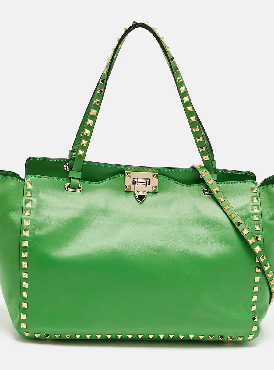 Valentino Rockstud Trapeze Medium Green Leather Tote Bag