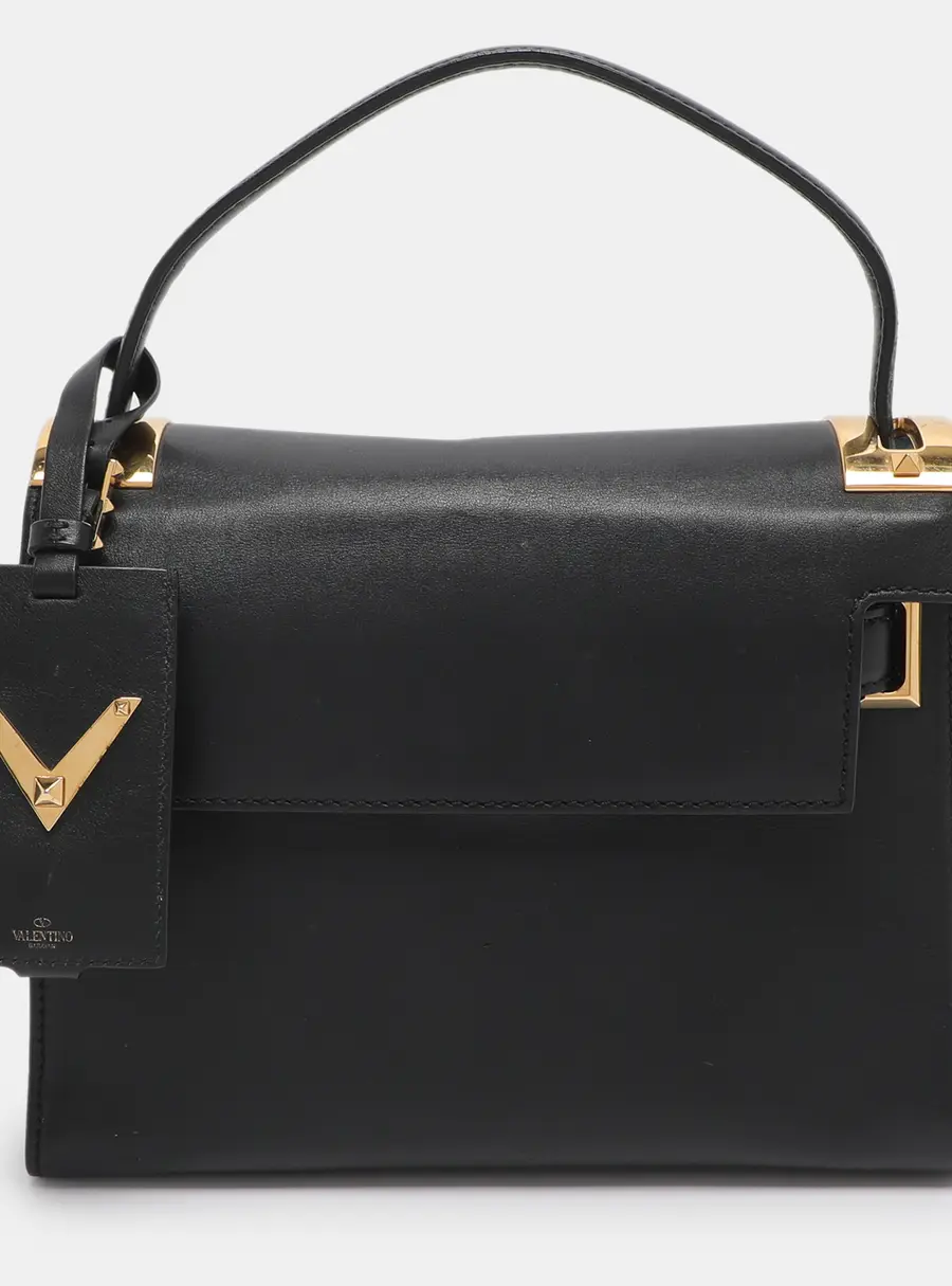 Valentino Embellished Flap Black Leather Top Handle Bag