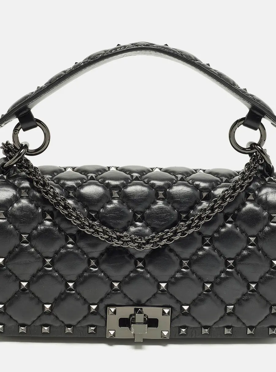 Valentino Rockstud Spike Black Quilted Leather Top Handle Bag