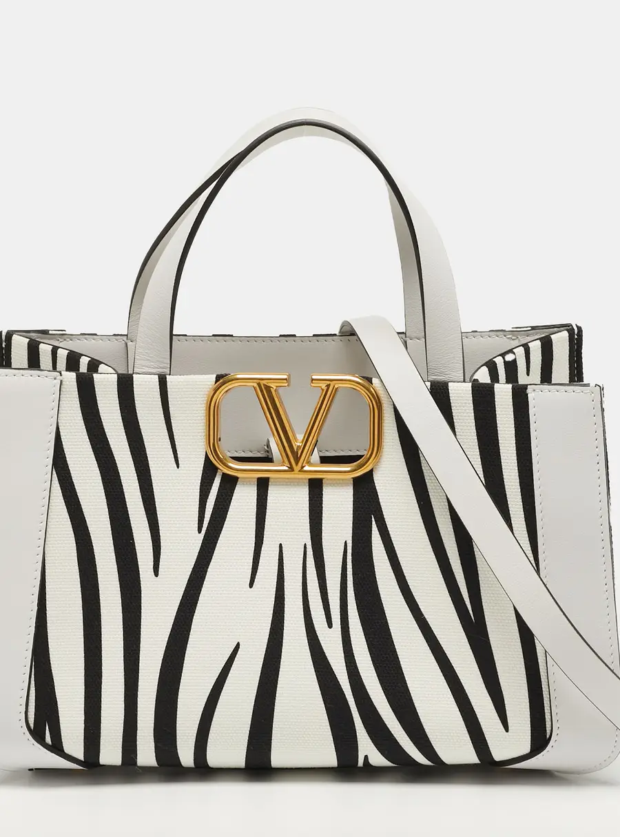 Valentino VLogo Small White/Black Zebra Print Canvas and Leather Tote