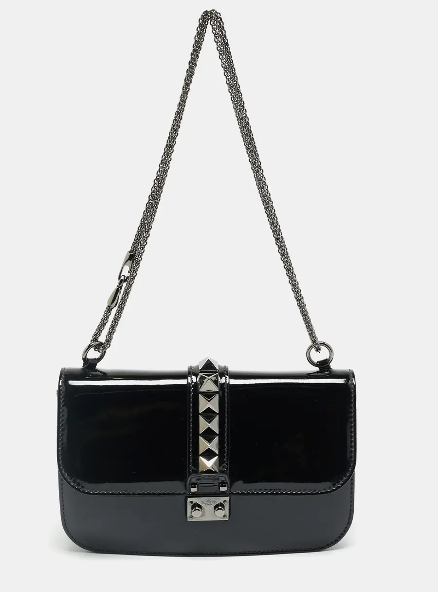 Valentino Rockstud Glam Lock Medium Black Patent Leather Flap Bag