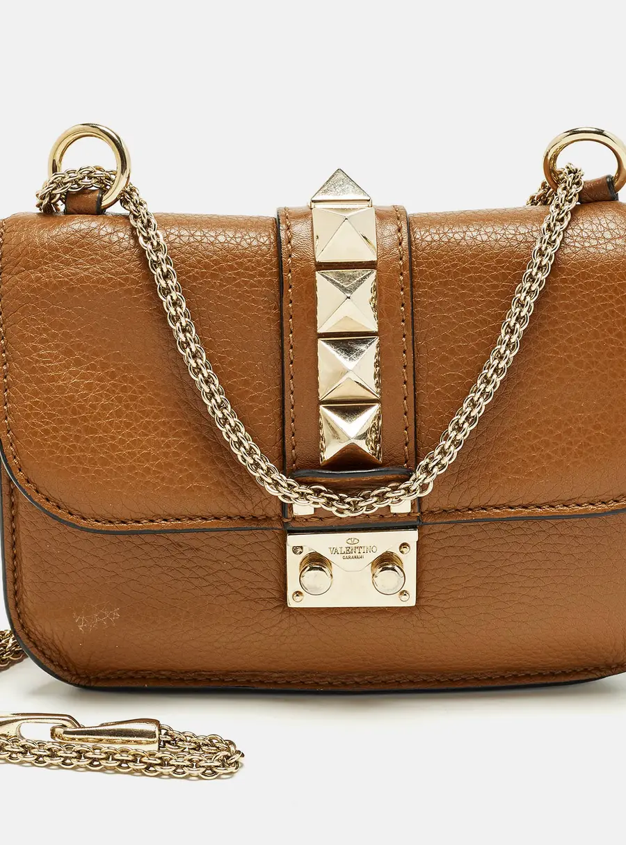 Valentino Glam Lock Small Brown Leather Rockstud Chain Shoulder Bag
