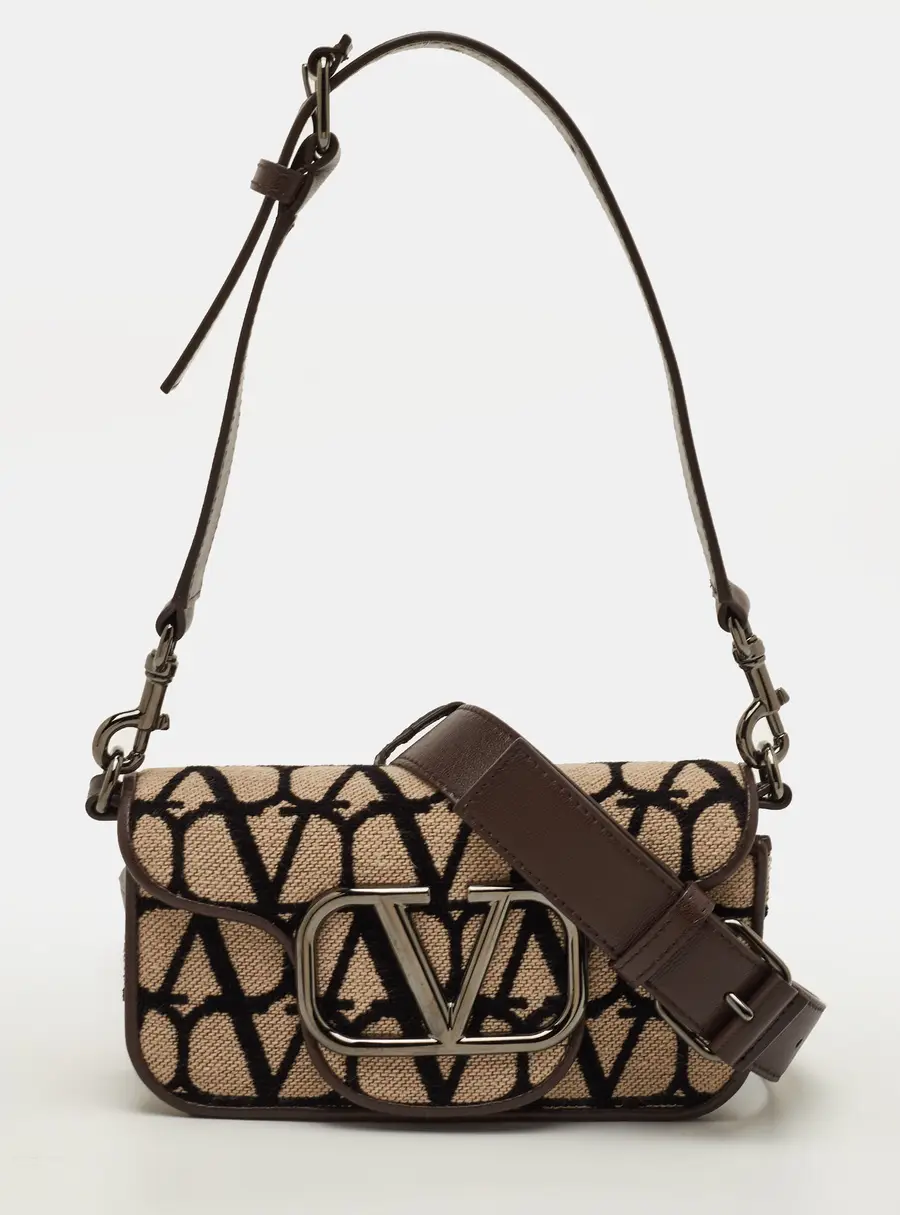 Valentino Vlogo Toile Iconographe Beige/Brown Canvas and Leather Plaque Shoulder Bag