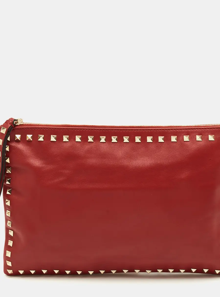 Valentino Rockstud Oversized Red Leather Wristlet Zip Pouch