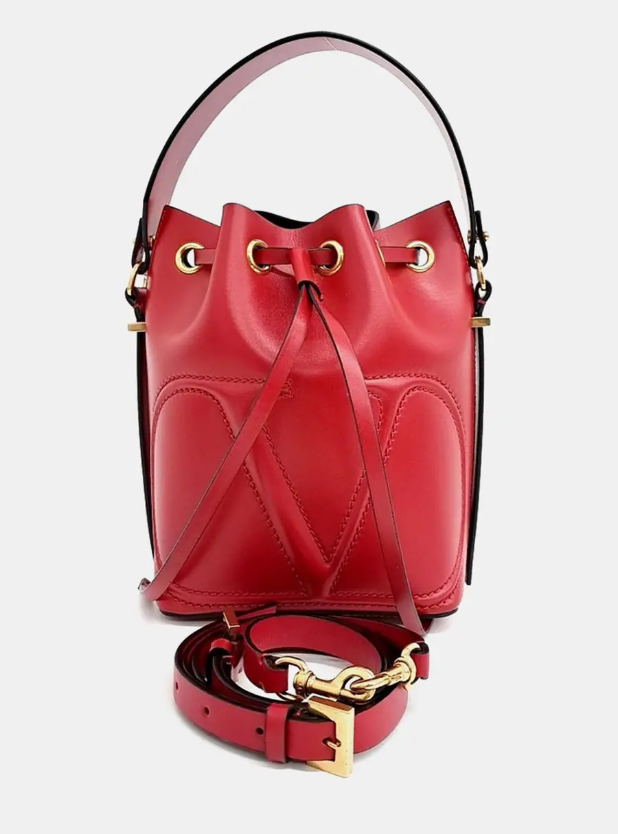 Valentino Red Leather Bucket Tote and Shoulder Bag