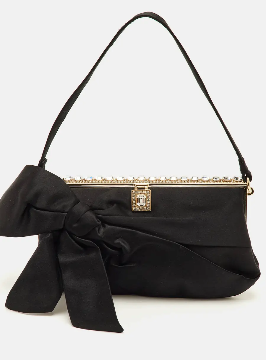 Valentino Bow Satin Crystals Embellished Frame Baguette Bag