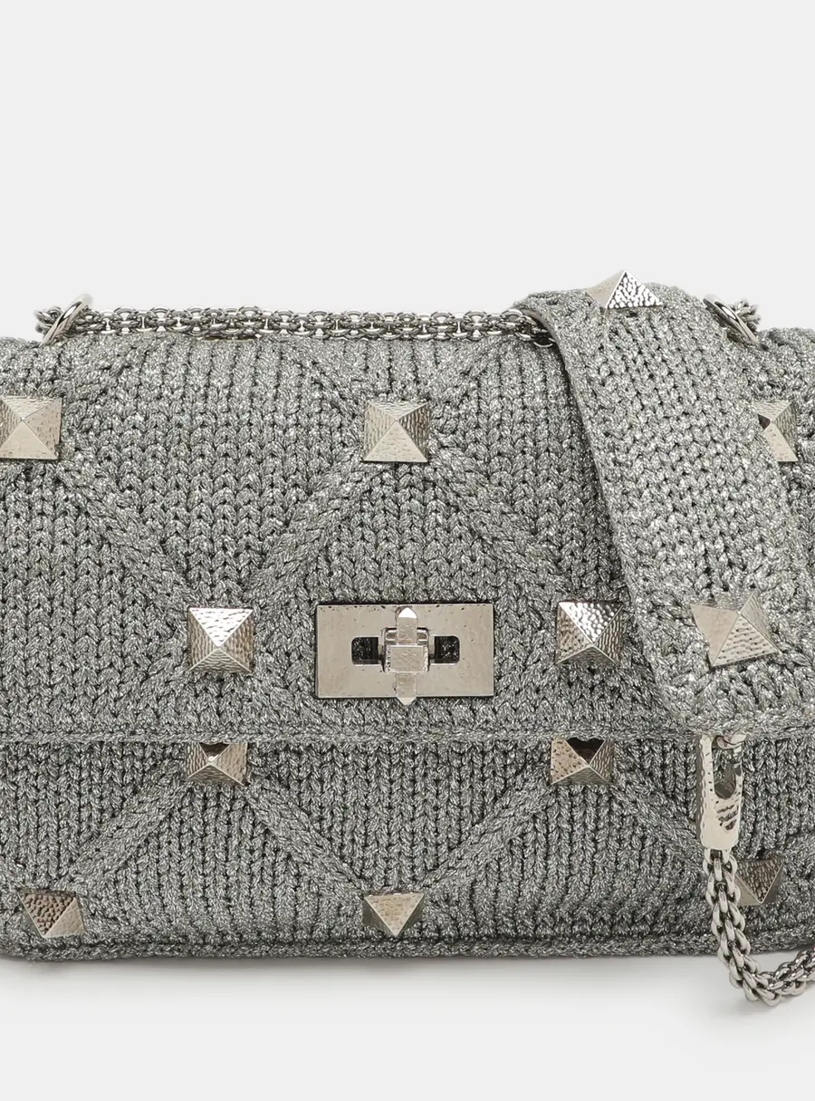 Valentino Roman Stud Silver Crochet Shoulder Bag