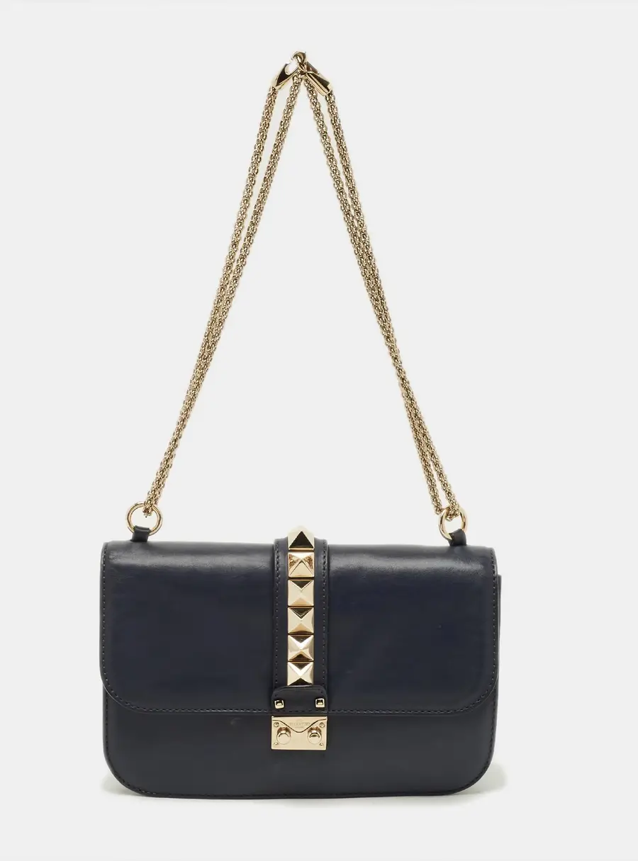 Valentino Rockstud Glam Lock Medium Navy Blue Leather Flap Bag