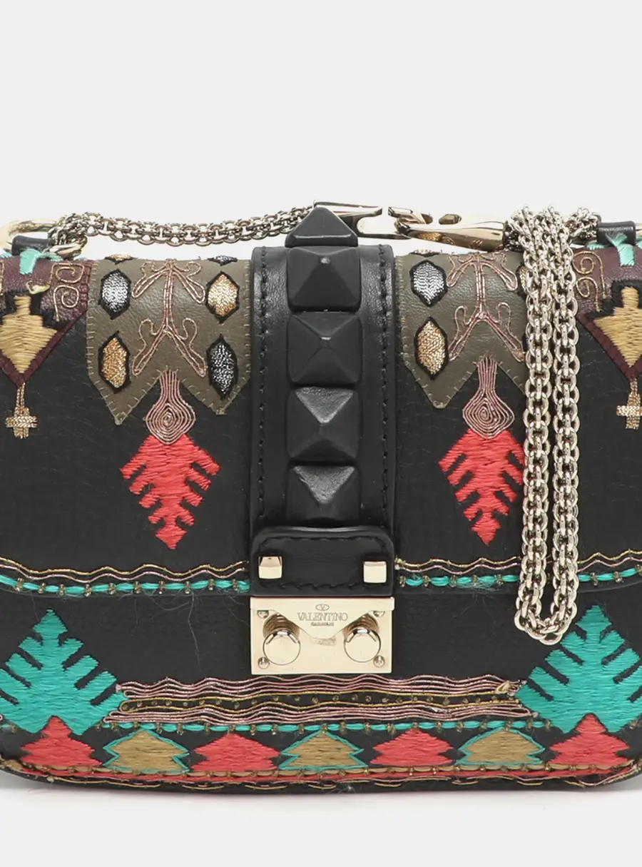Valentino Rockstud Glam Lock Small Black Leather Embroidered Flap Bag