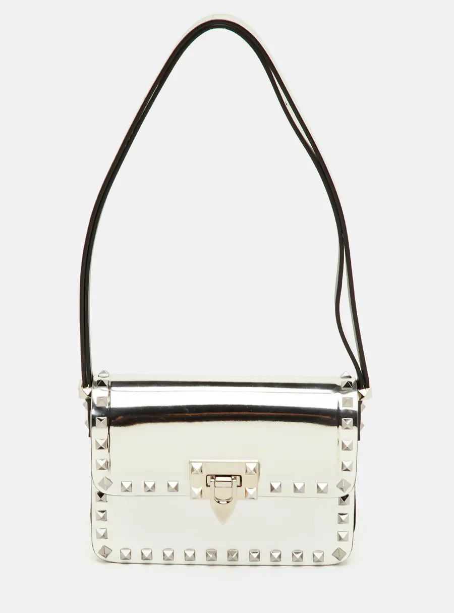 Valentino Rockstud Silver Leather Flap Shoulder Bag