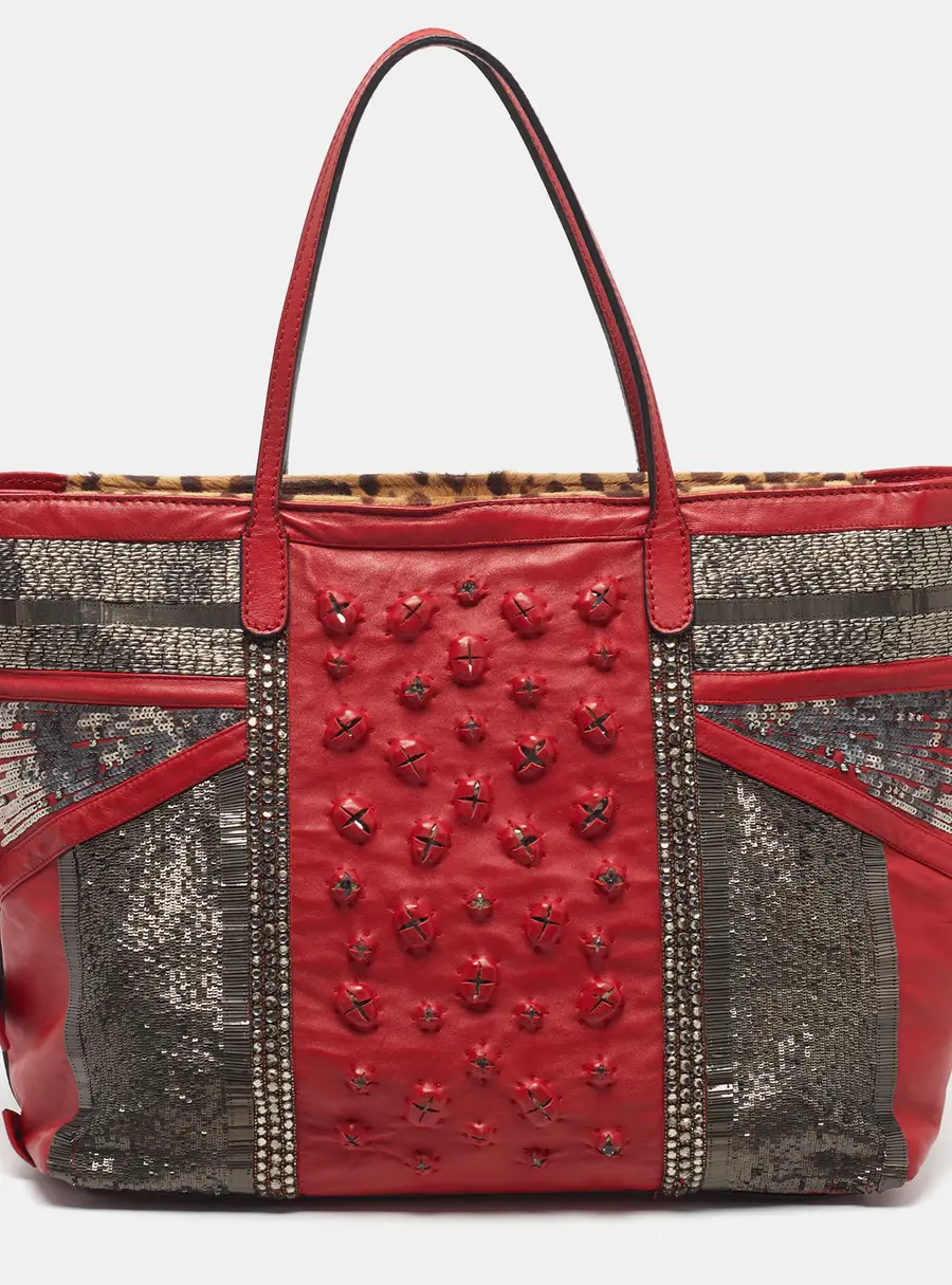 Valentino Red Leather Sequins and Crystals Zip Shopper Tote