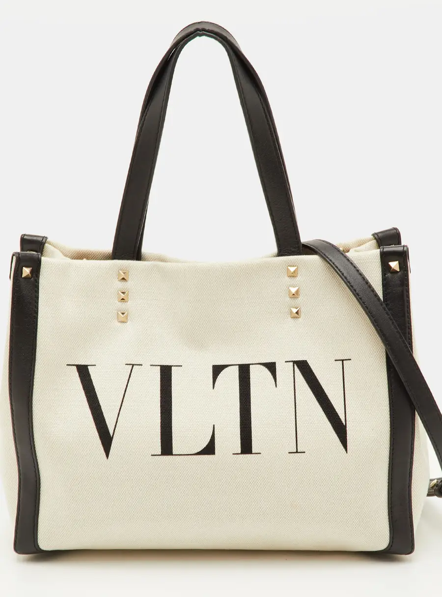 Valentino VLTN Small Beige/Black Canvas and Leather Rockstud Tote