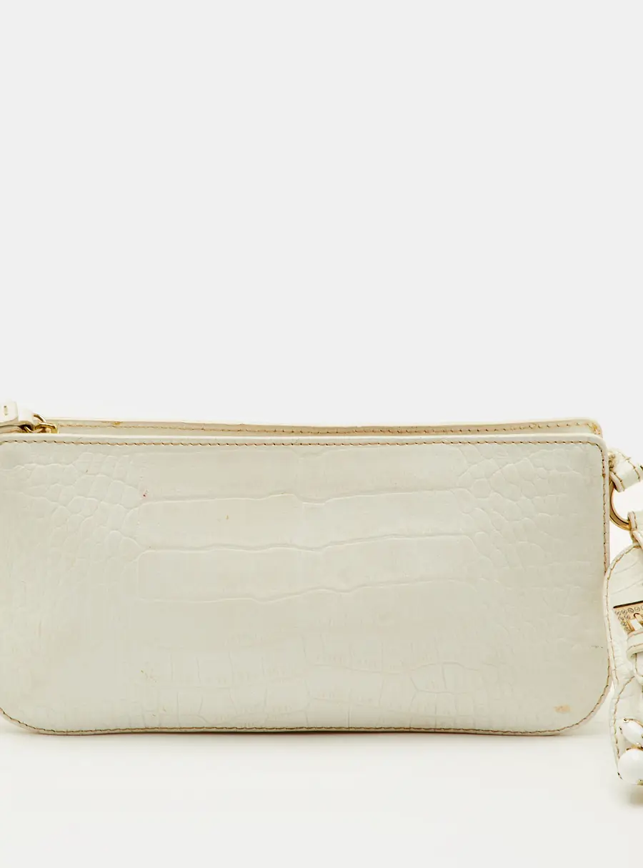 Valentino White Croc Embossed Leather Crystal Embellished Wristlet Pouch Clutch