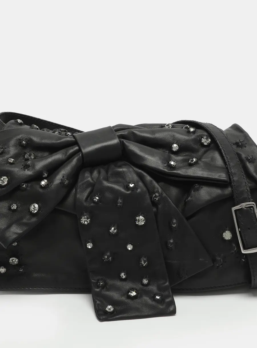 Valentino Bow Black Crystal Embellished Leather Shoulder Bag