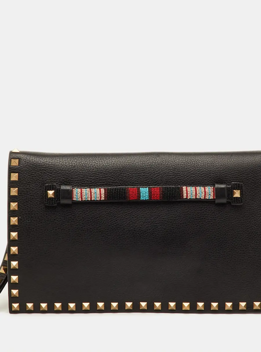 Valentino Rockstud Flap Black Leather Wristlet Clutch