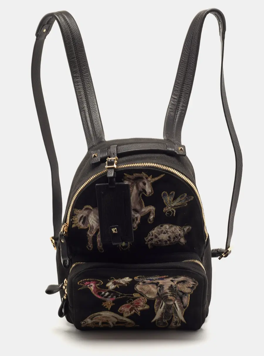 Valentino Fantastic Animal Embroidered Black Canvas Backpack