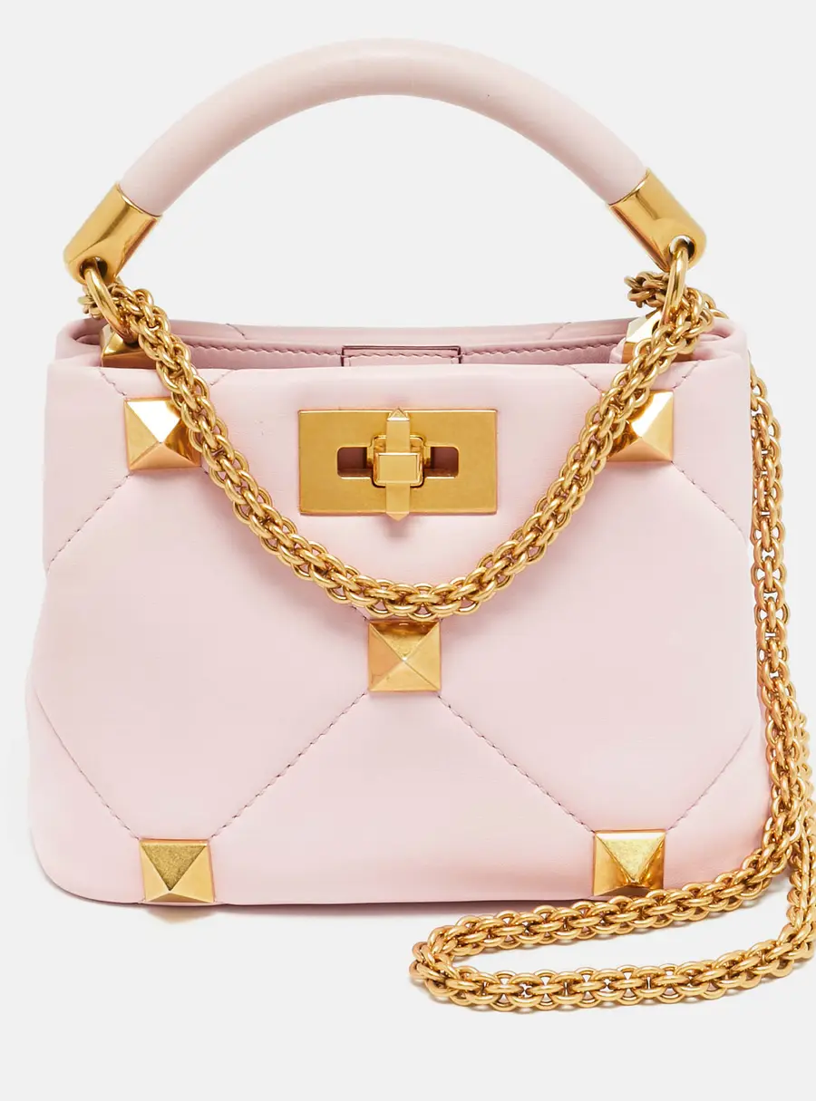 Valentino Roman Stud Mini Pink Quilted Leather Top Handle Bag