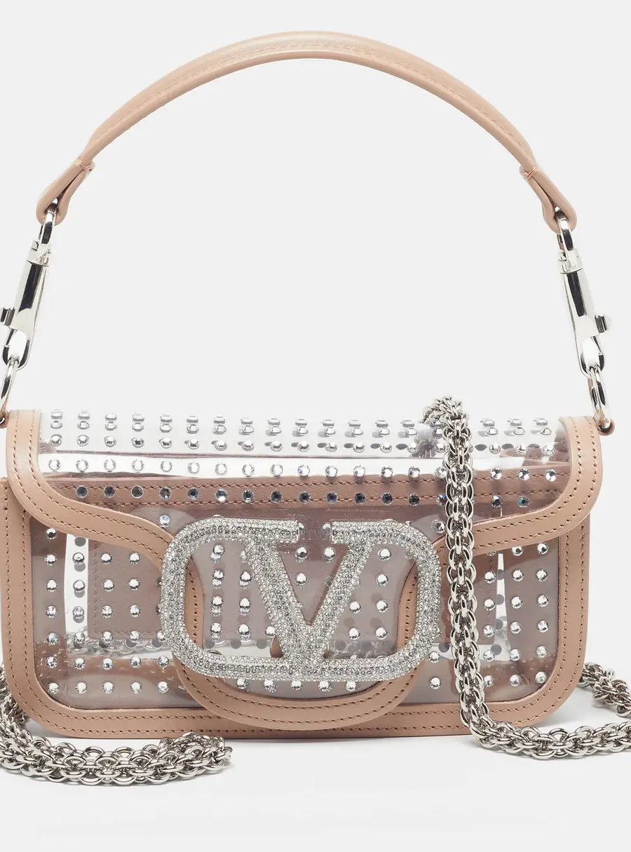 Valentino Loc&ograve; Crystals Embellished Beige Leather and PVC Shoulder Bag