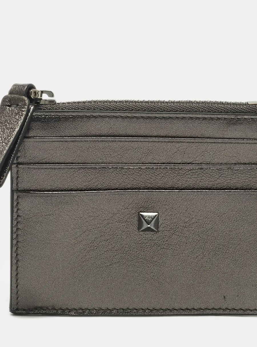 Valentino Metallic Leather Rockstud Zip Card Holder