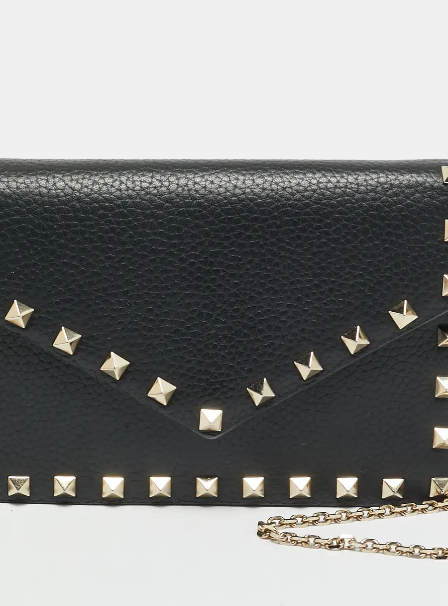 Valentino Rockstud Envelope Black Leather Wallet on Chain
