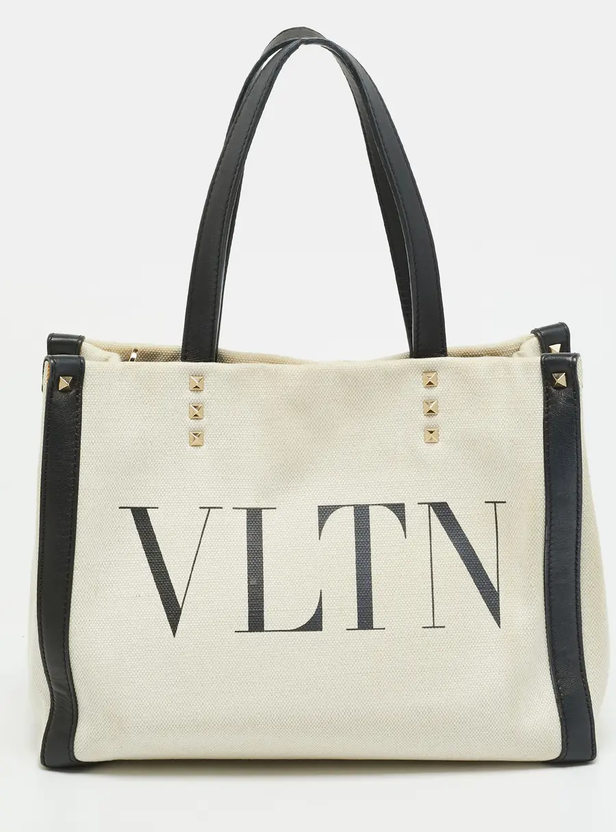 Valentino VLTN Rockstud Small Beige/Black Canvas and Leather Tote