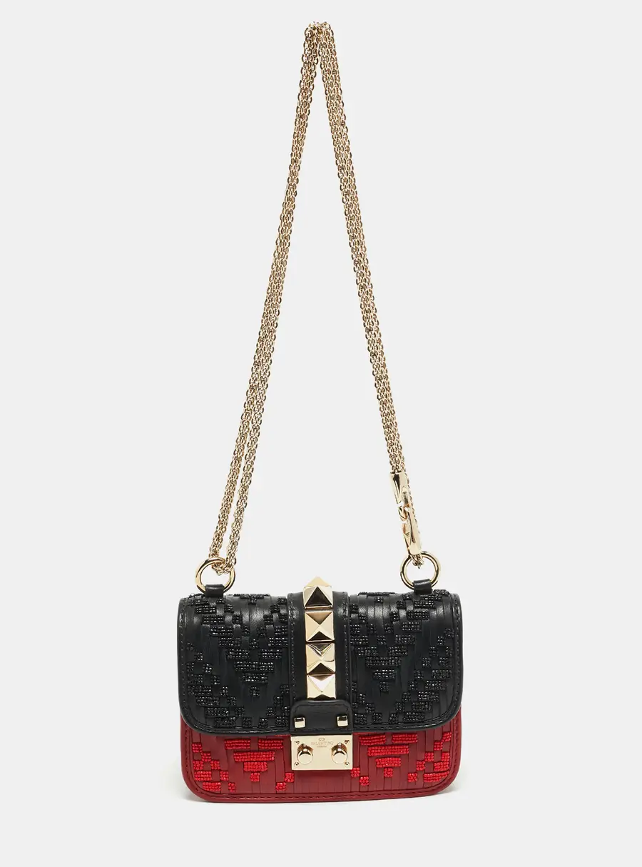 Valentino Beaded Glam Lock Mircro Black/Red Leather Shoulder Bag