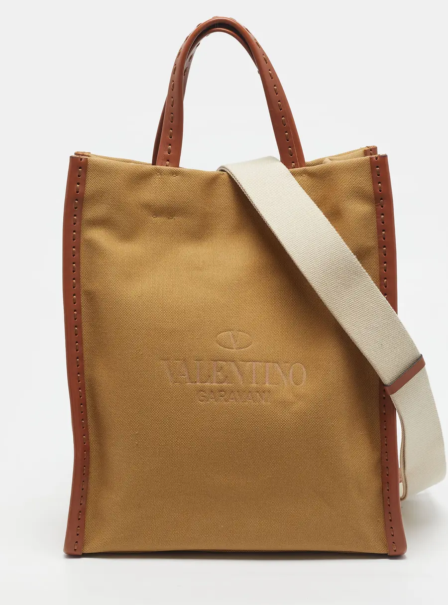 Valentino Identity Khaki/Brown Canvas and Leather Tote
