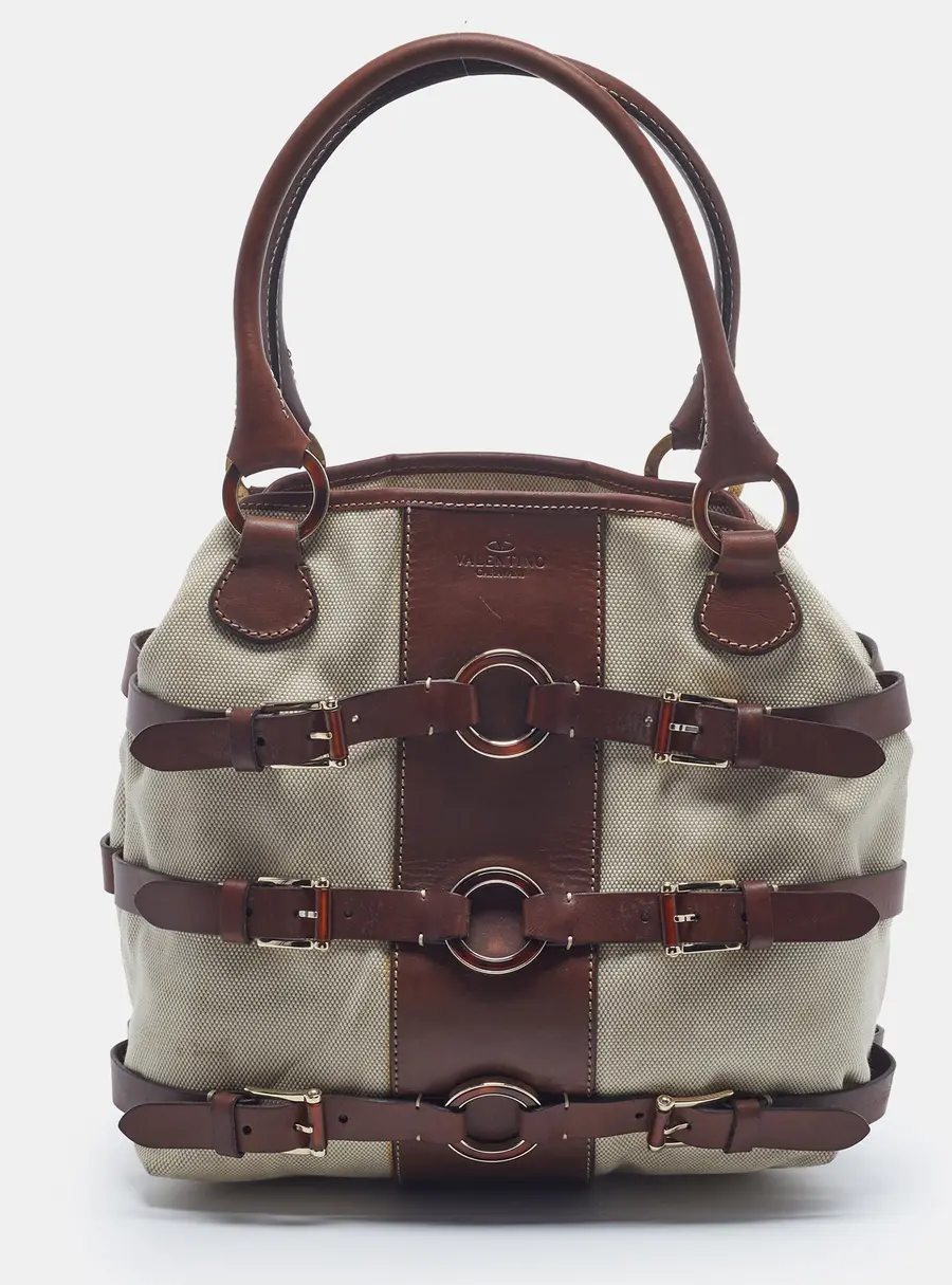 Valentino Triple Bucket Brown/Beige Canvas and Leather Tote