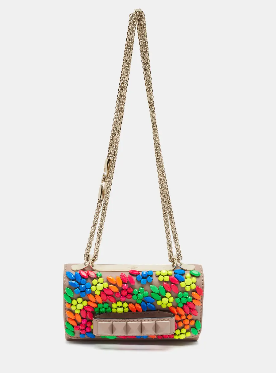 Valentino Va Va Voom Embellished Mini Beige Leather Chain Bag