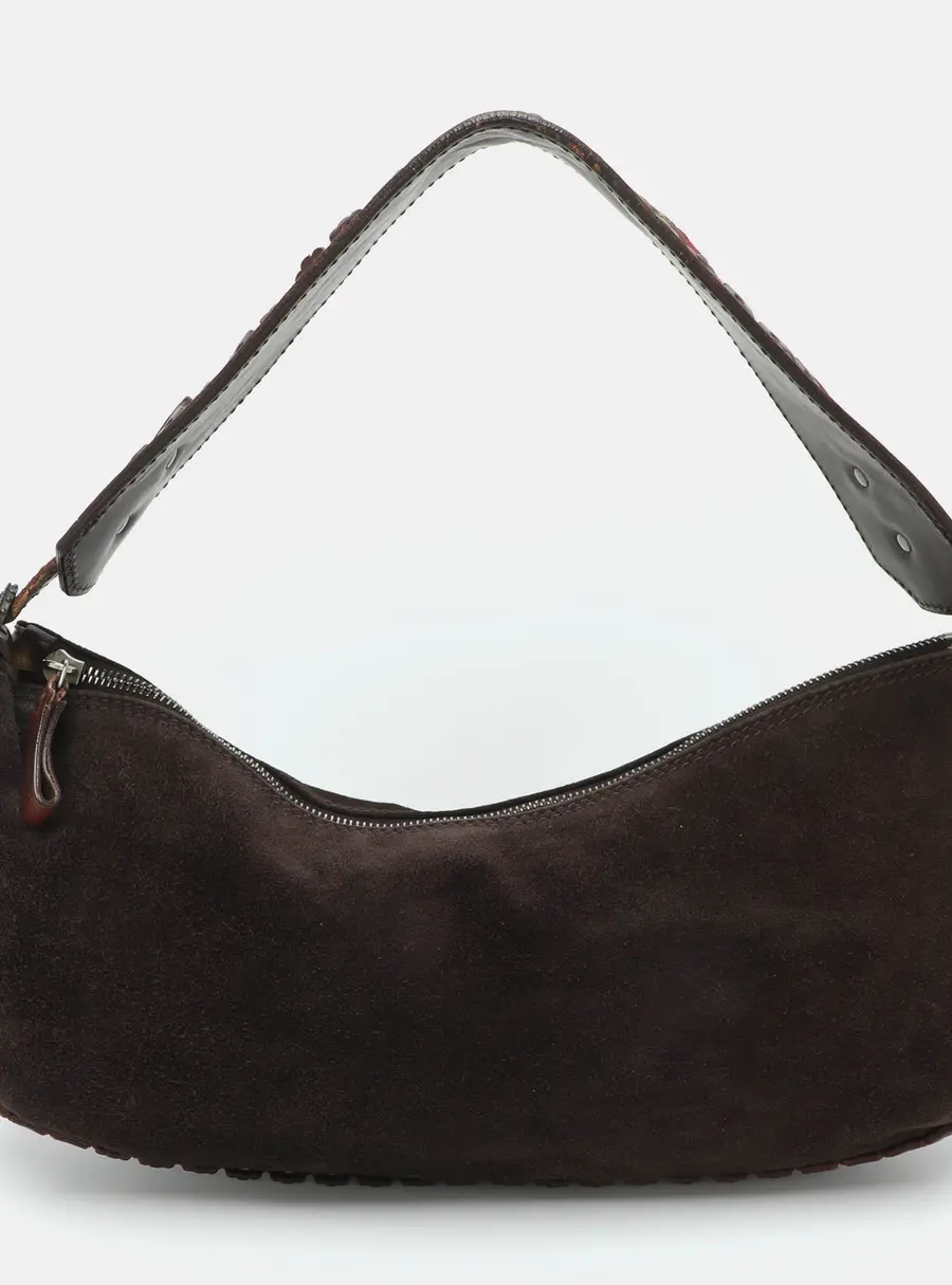 Valentino Brown Suede Floral Embroidered Shoulder Bag