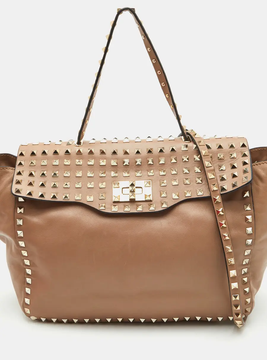 Valentino Rockstud Allover Beige Leather Flap Top Handle Bag