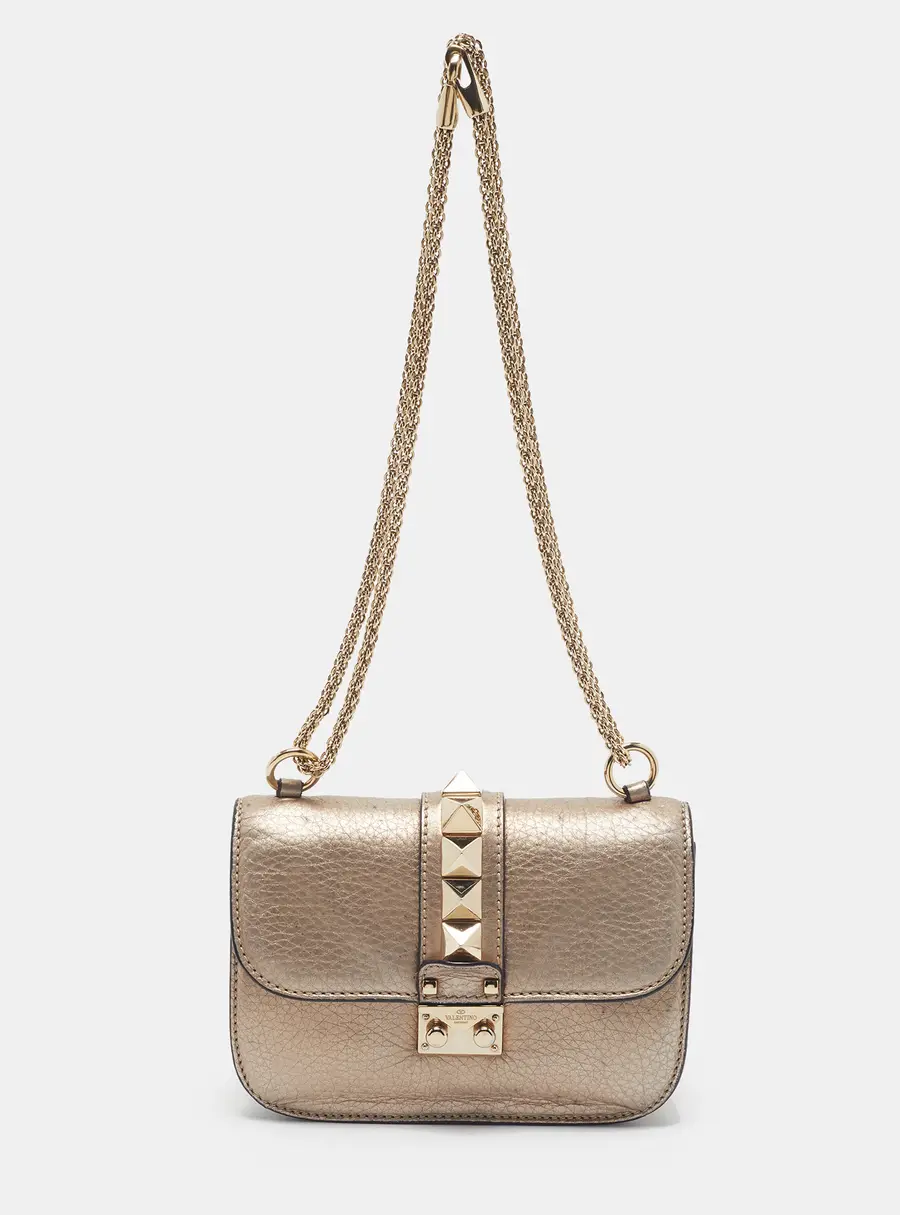 Valentino Rockstud Glam Lock Small Metallic Leather Shoulder Bag