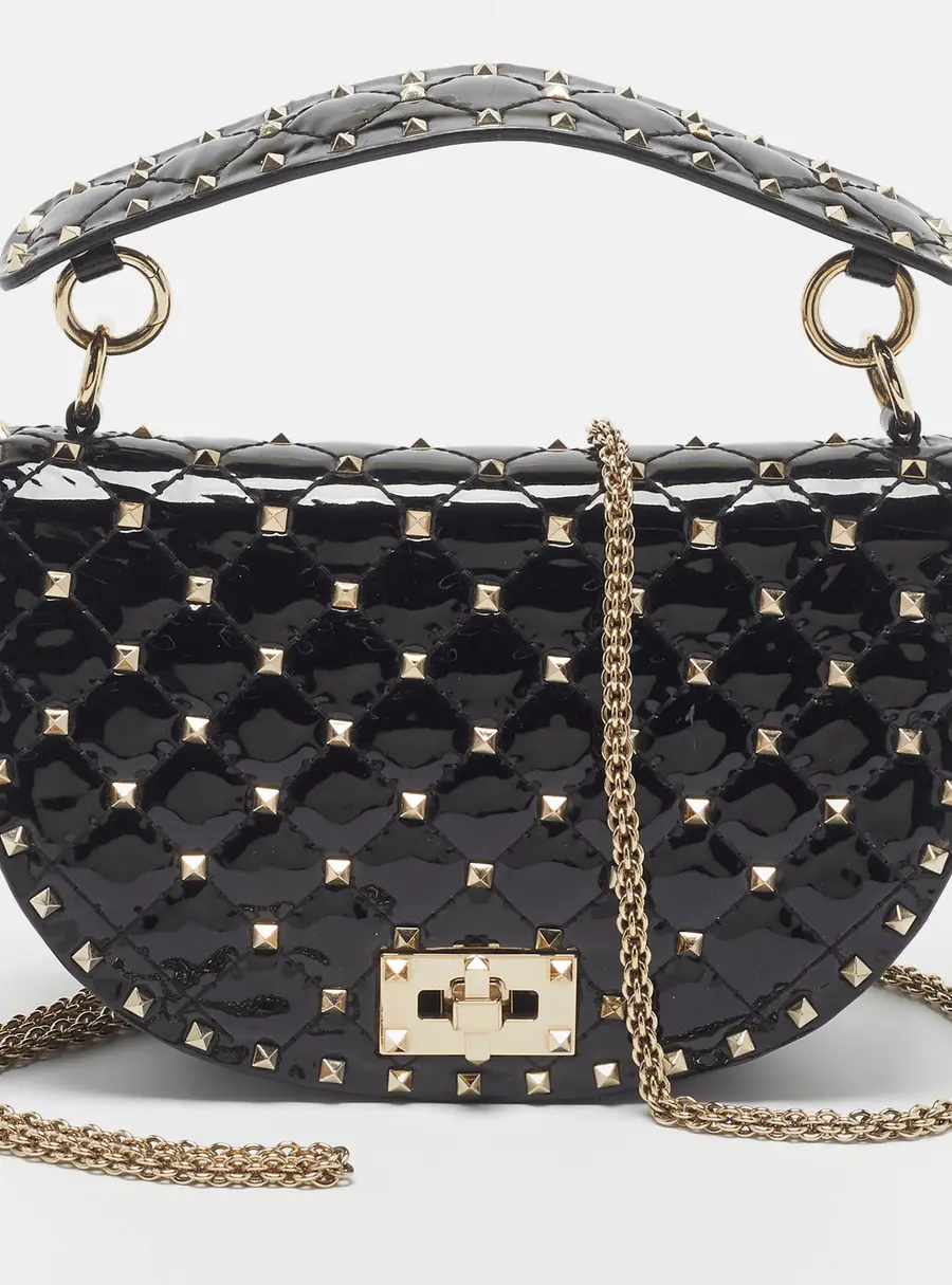 Valentino Rockstud Spike Halfmoon Black Patent Leather Saddle Bag