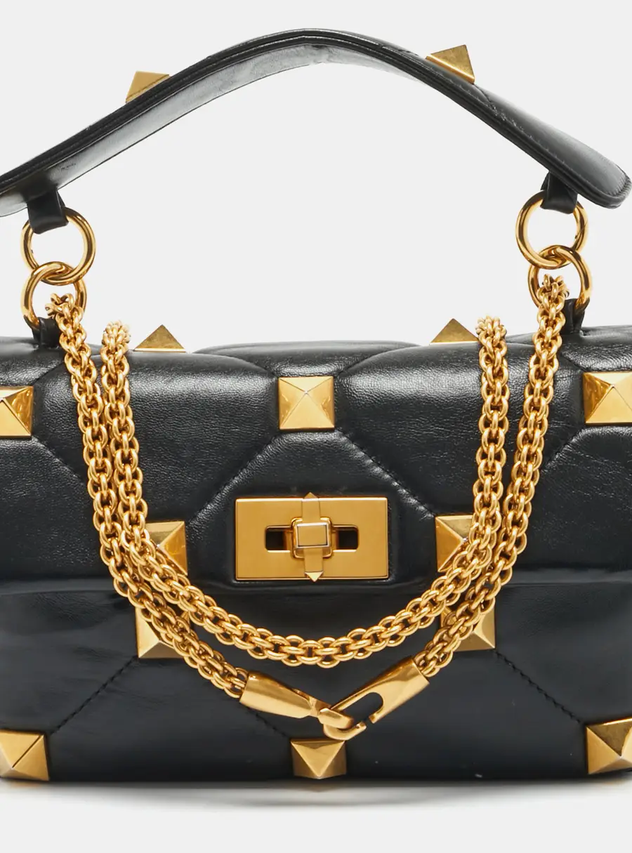 Valentino Roman Stud Black Leather Top Handle Bag