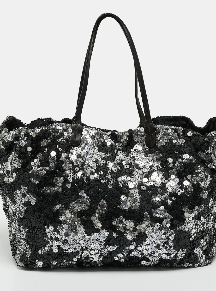Valentino Glam Black/Silver Sequins and Leather Tote